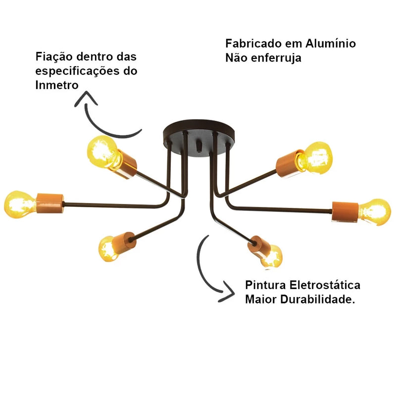 Lustre Luminária Sputnik Aranha 6 Braços Quarto Sala Cozinha Preto/Cobre