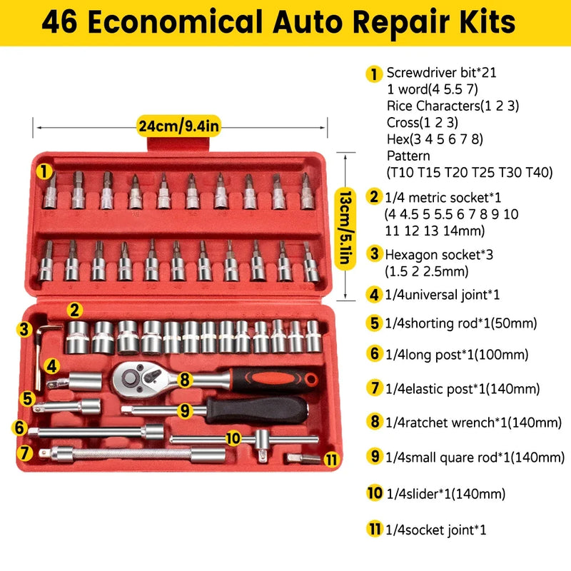 Kit Catraca 46peças 1/4 de polegada ferramenta de reparo mecânico, residêncial!!!