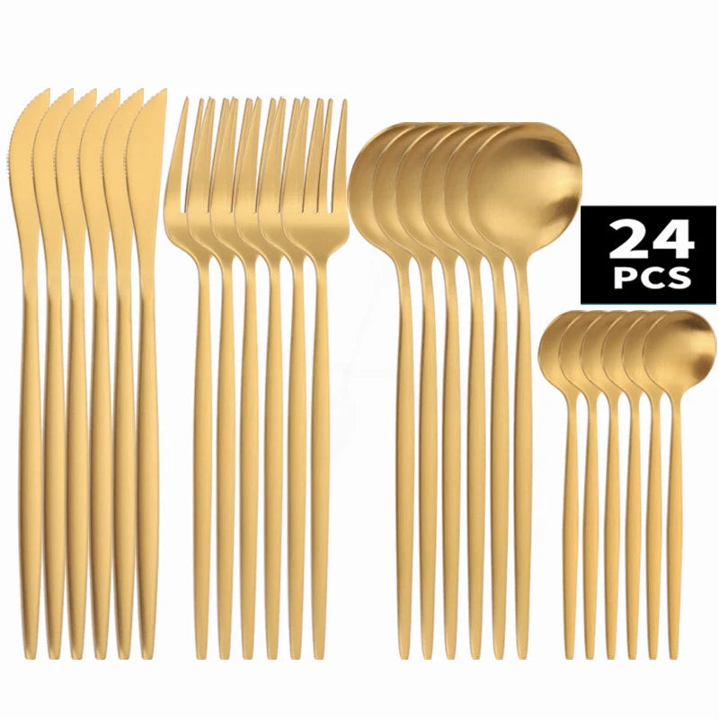 Conjunto talheres para cozinha 24 peças conjunto de talheres de aço  inoxidável dourado conjunto garfo faca colher.